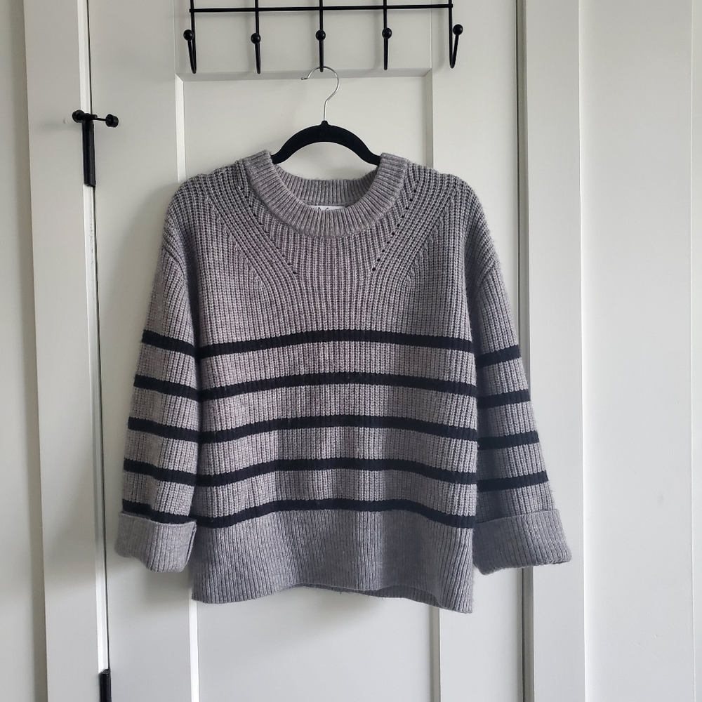 Magaschoni Striped Crew Neck Sweater Fisherman Knit Grey Ribbed Boxy Rel…